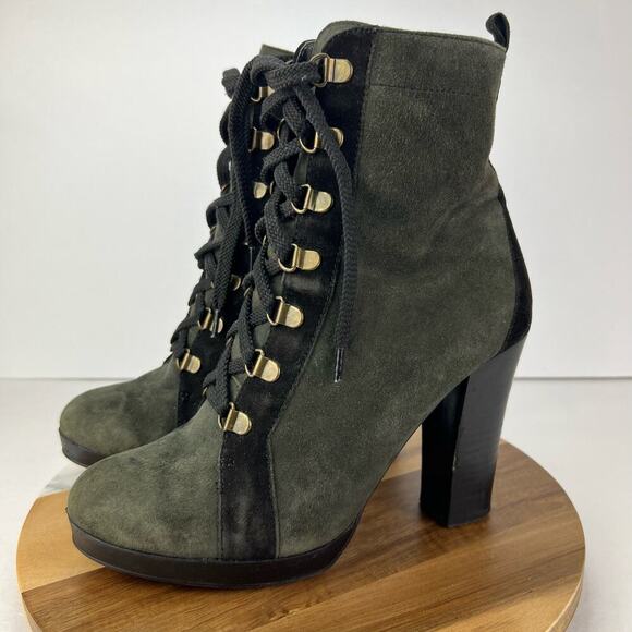 Colin Stuart Black Green Leather Suede Lace Up Steampunk Boots 8.5 Chunky Heel - Picture 1 of 10